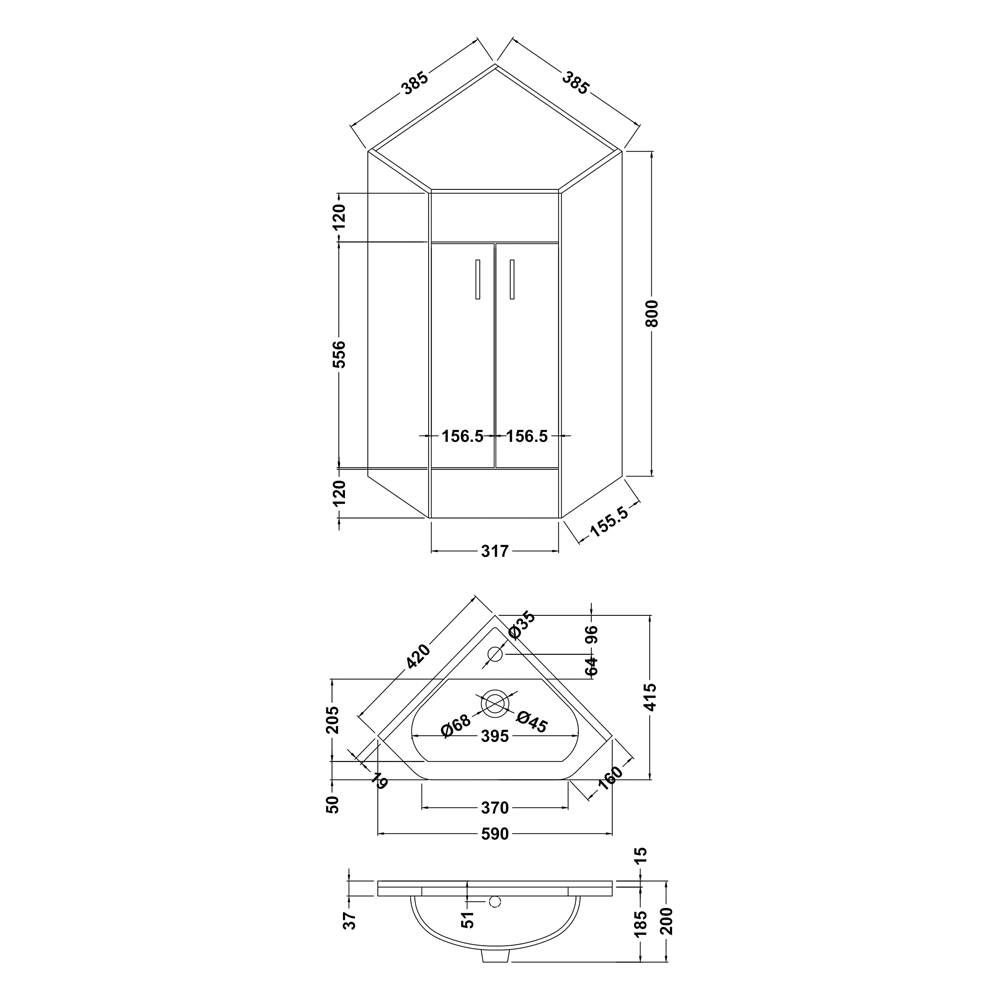 Vellamo Alpine 2 Door Corner Cabinet Vanity Unit & Basin 800 x 590mm