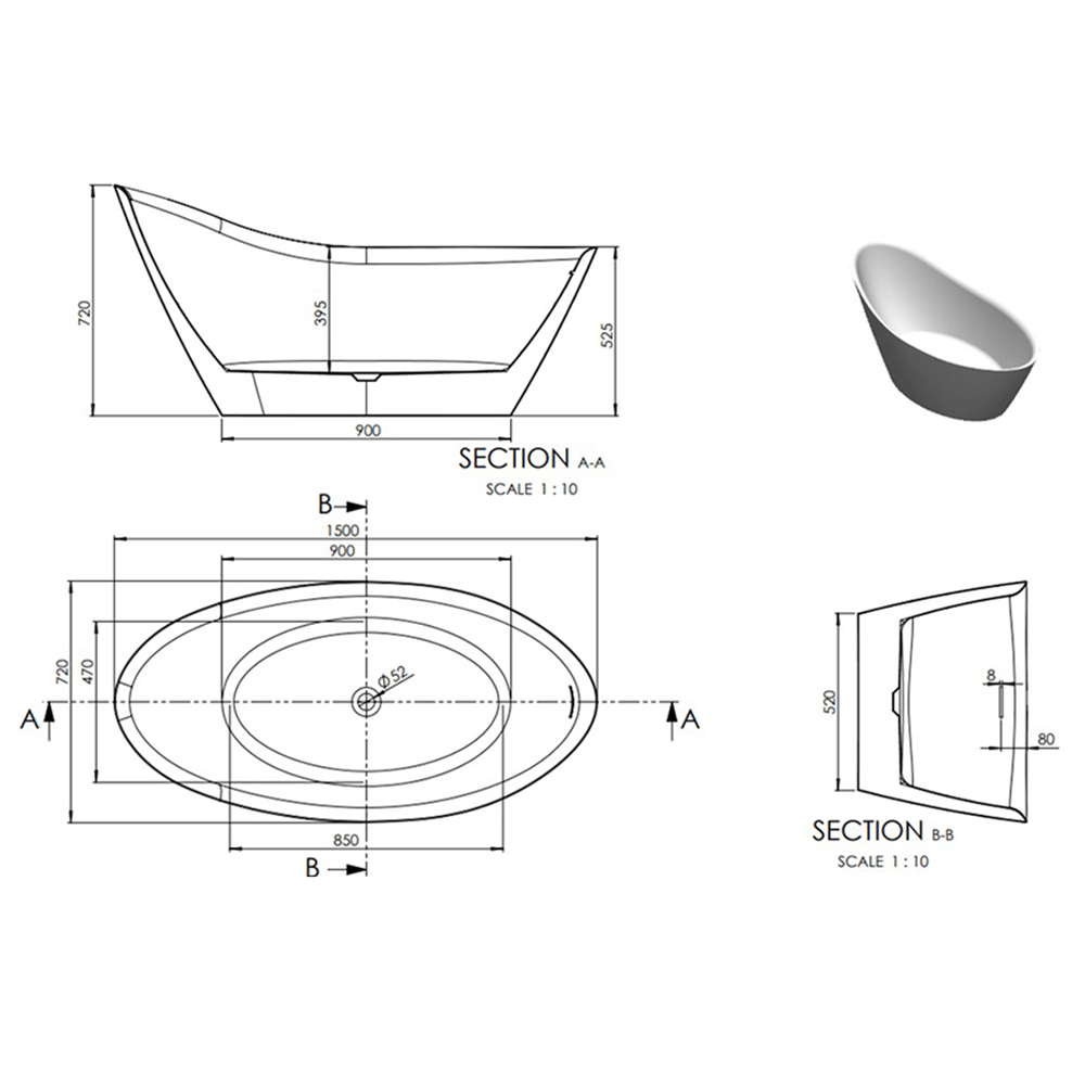 Andreia Acrylic White Freestanding Bath - 1500 x 720mm