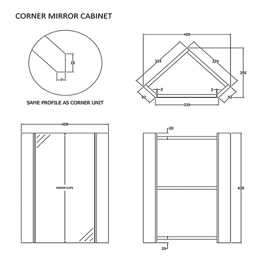 Vellamo Alpine Corner Mirror Cabinet Storage Unit - 459 x 650mm