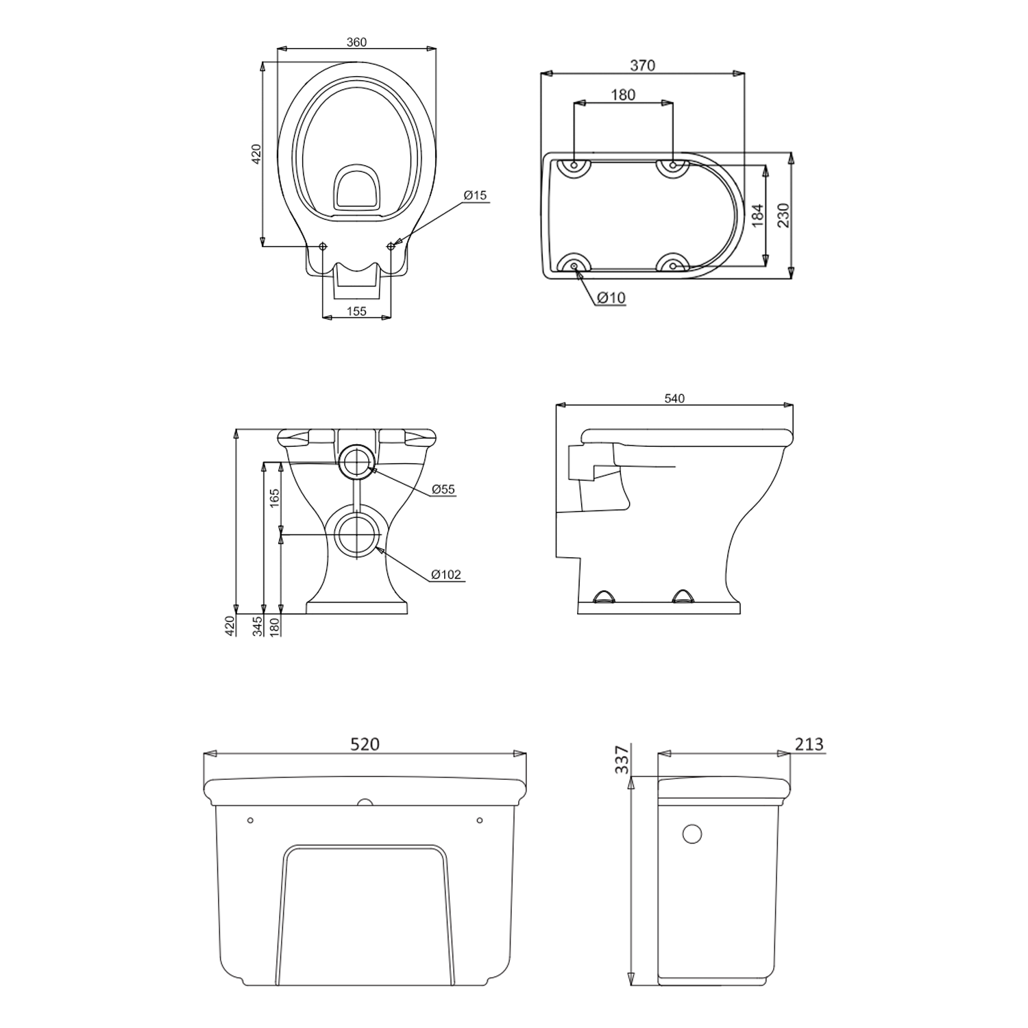 Burlington Guild Rimless High Level Toilet, Gold Flush Kit & Lever