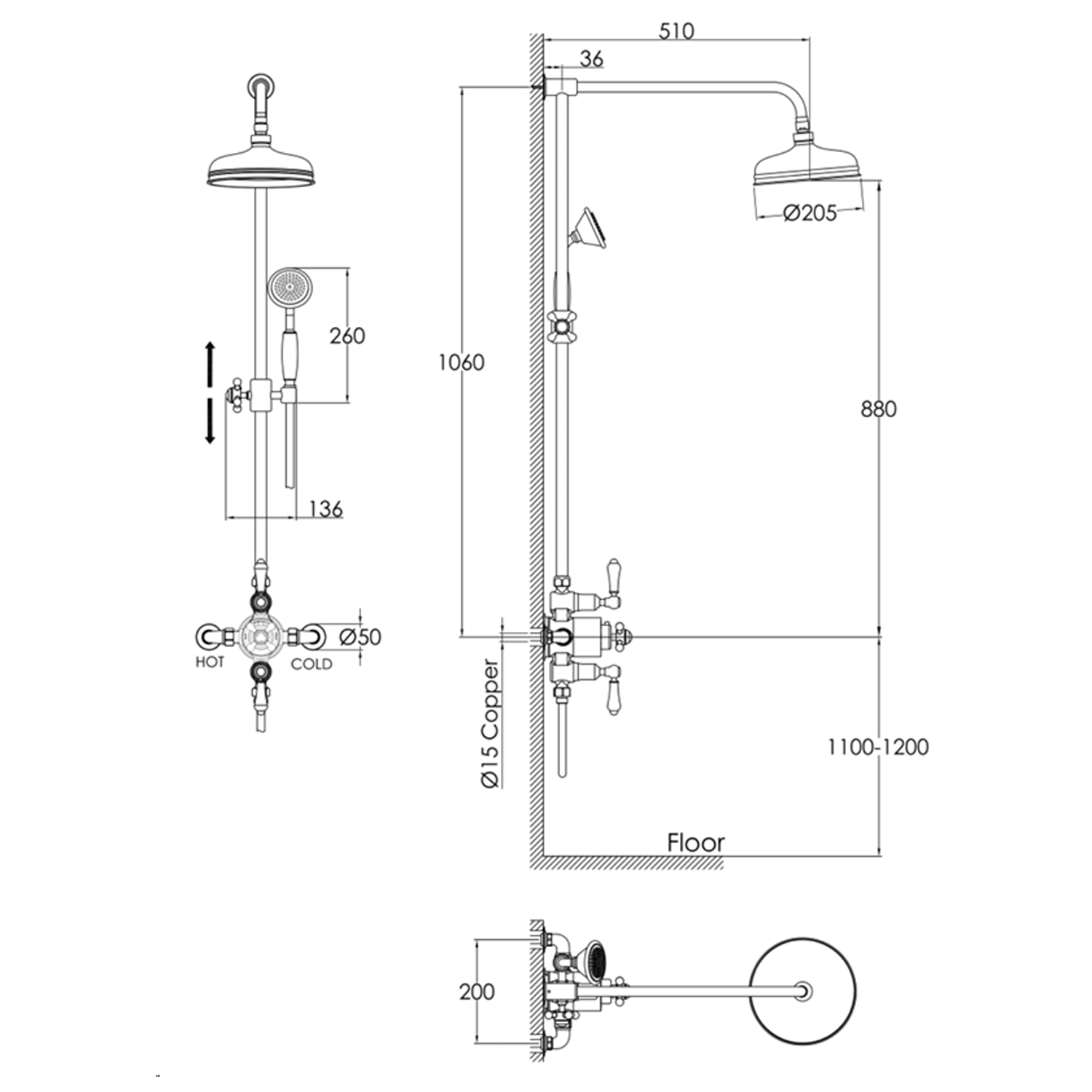 Butler & Rose Caledonia Cross Exposed Dual Outlet Rigid Riser Thermostatic Shower Set
