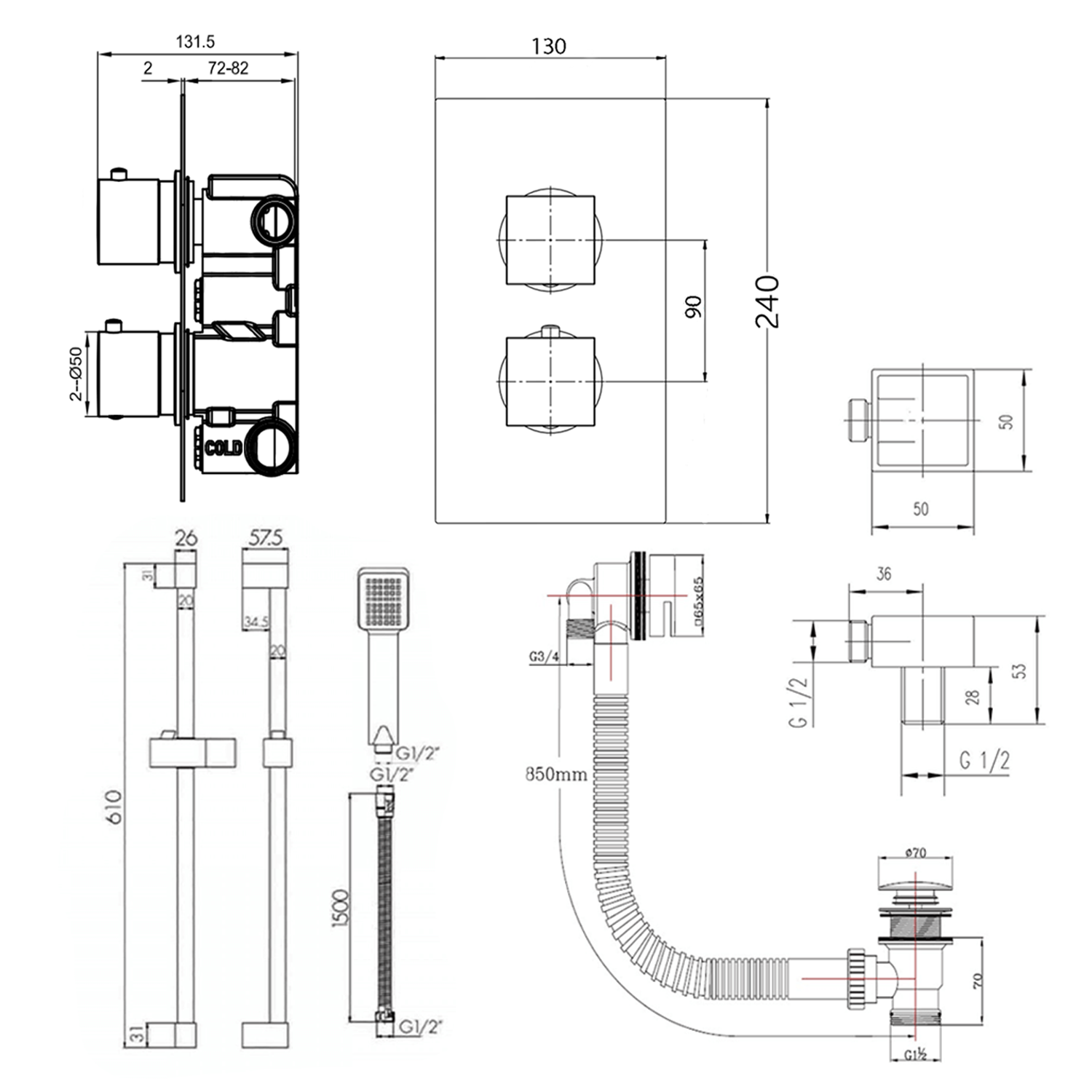 Barnaby Concealed Shower Valve, Slide Rail Kit & Overflow Bath Filler