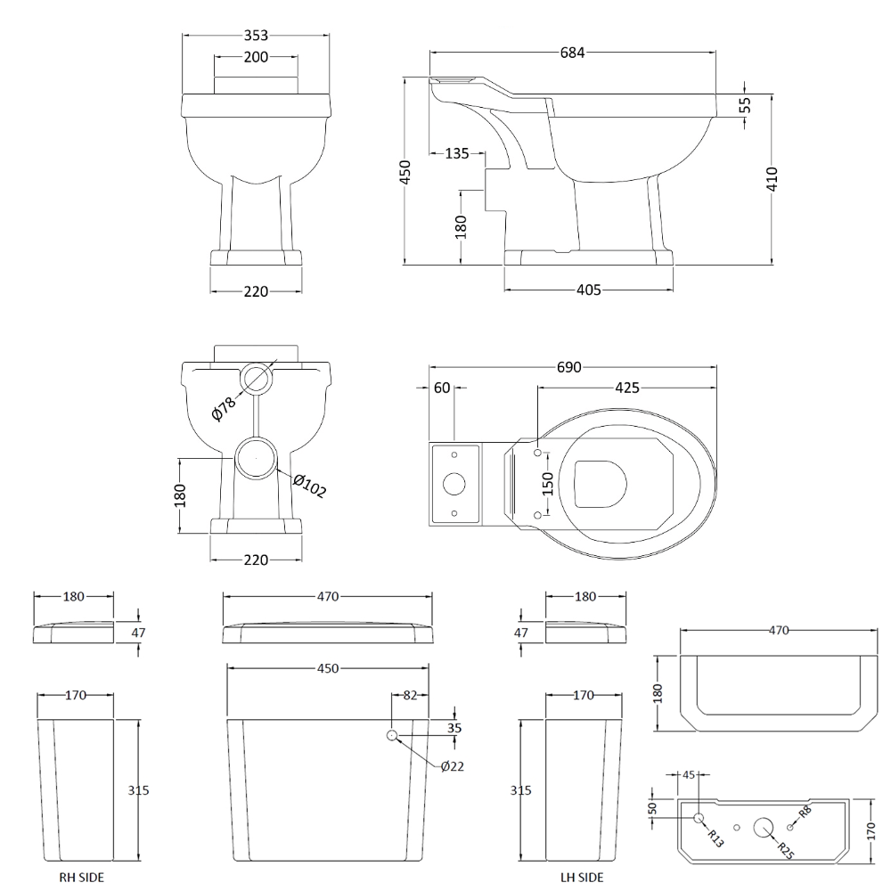 Butler & Rose Ophelia Traditional Close Coupled Toilet (Excluding Seat)