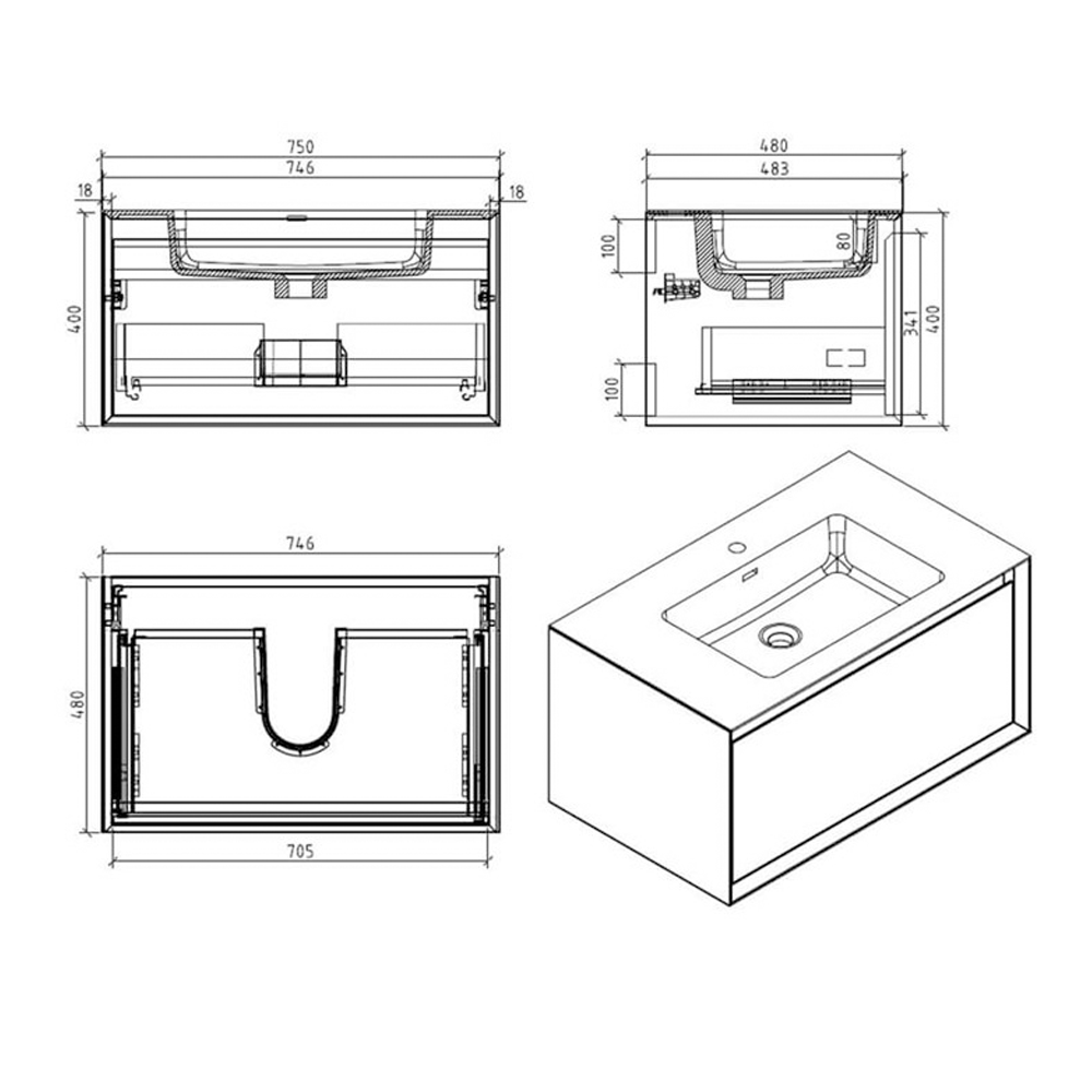 Harbour Scene 750mm Wall Mounted Vanity Unit & Basin - White/Oak