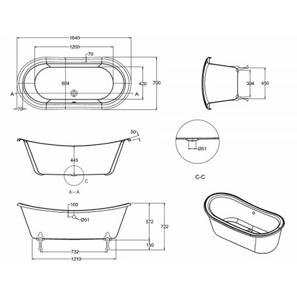 Burlington Bateau Roll Top Bath with Luxury Feet - 1640 x 700mm